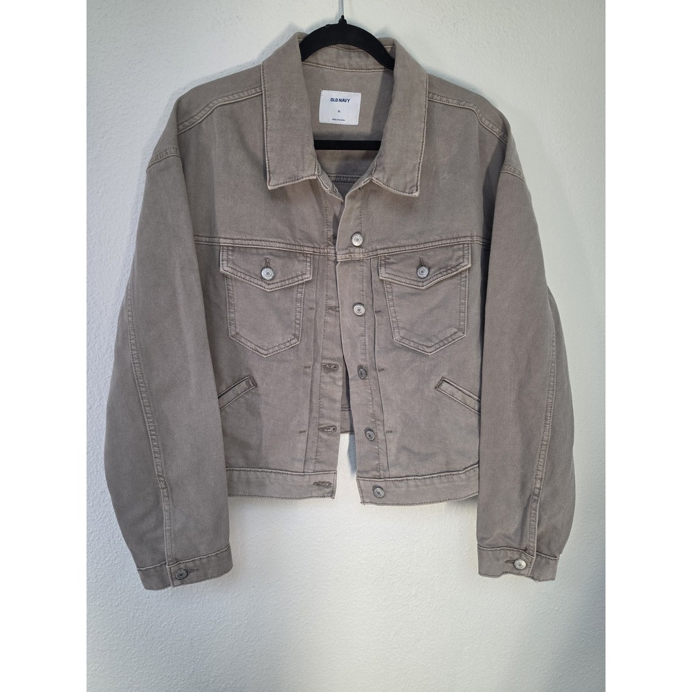 Old Navy Women XL Cotton Jacket Taupe Solid Collared Long Sleeve Coat Casual